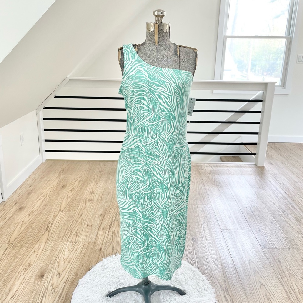 Nine S XL XXL 2X West white teal green one shoulder bodycon midi dress